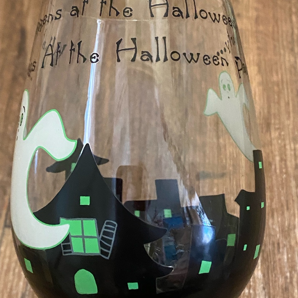 Halloween Hand Painted Wine Glass 9” H Tall Ghosts Haunted House & Saying - Picture 4 of 8
